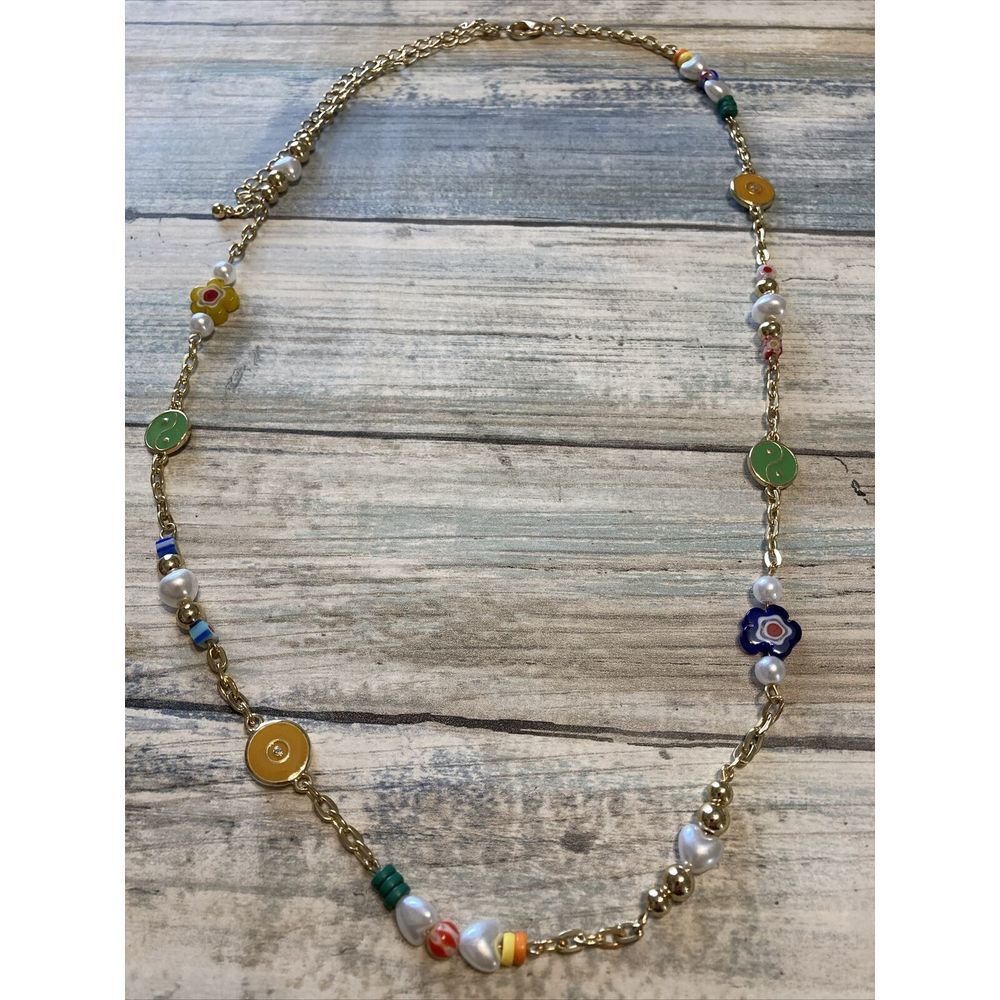LA Hearts Multi Charm Chain Necklace 28" ying yang flowers Gold tone Beads NWOT